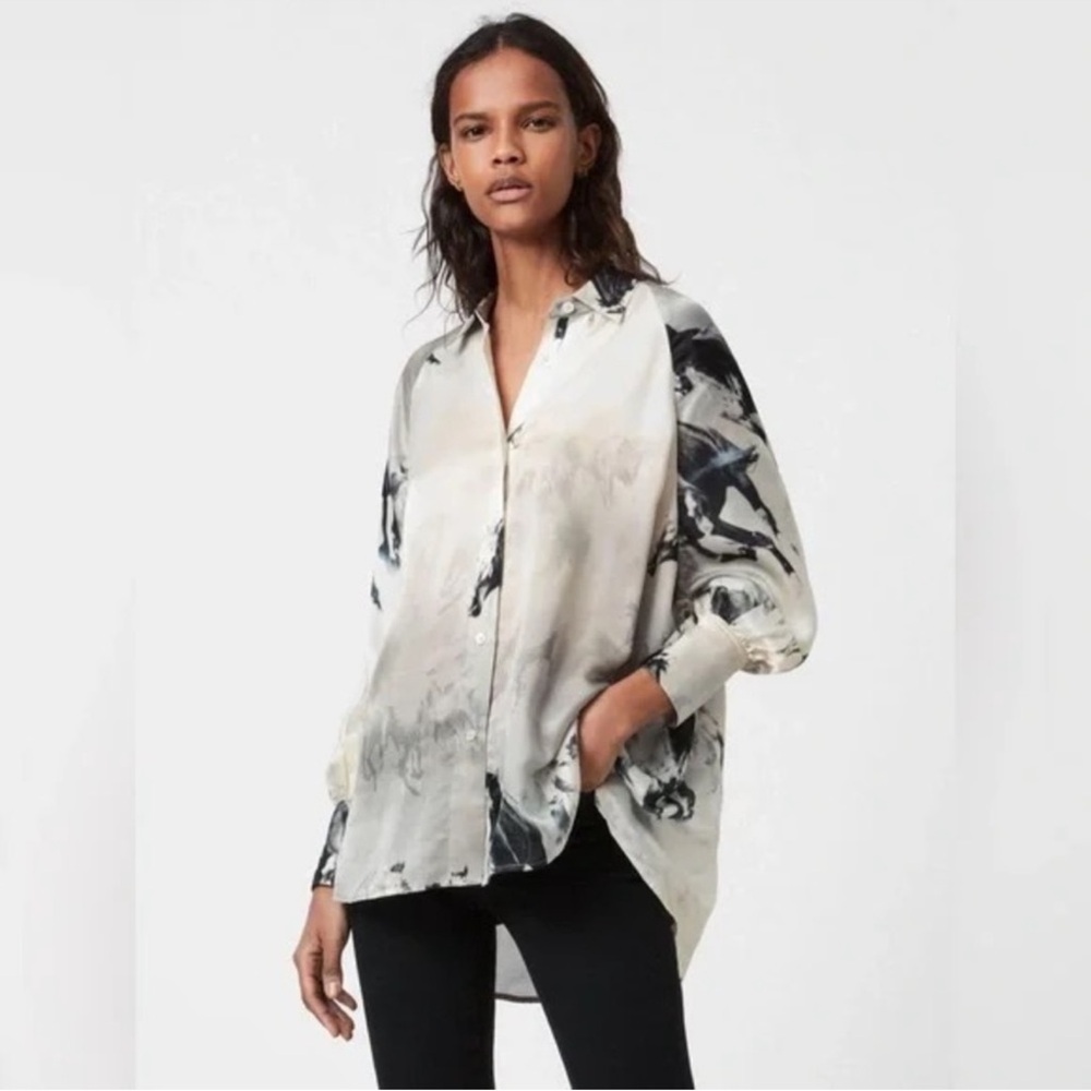 AllSaints Horse Print Silk Button-Up Shirt